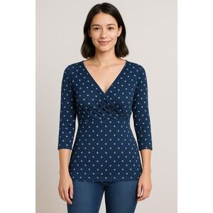 Citiknits Womens Blouse  Stretch Navy Blue Polka Dot 3/4 Sleeve Small
